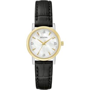 Bulova Classic Quartz Ladies Watch, Stainless Steel Diamond(Black Leather Strap  Mother-of-Pearl Dial)