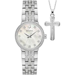 Bulova Ladies’ Crystal Stainless Steel Box Set with White Mother-of-Pearl Dial 3-Hand Quartz-Watch and Cross Crystal Pendant-Necklace, 30mm Style:96X163