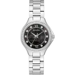 Bulova Ladies Quartz Dress Classic Watch, Silver-Tone Stainless Steel Bracelet, Black Dial Style: 96L300