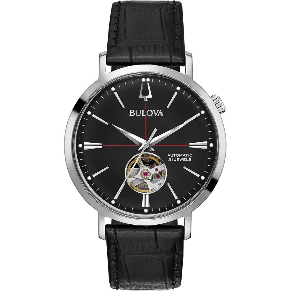 imageBulova Mens Classic Aerojet 3Hand Automatic Leather Strap Watch Open Aperture 40Hour Power Reserve Double Curved Mineral Crystal 41mmBlack StrapBlack Dial