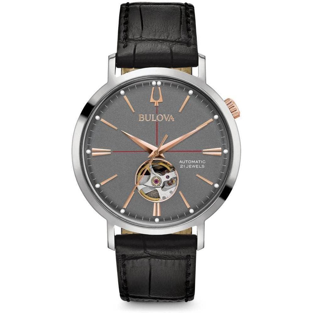 imageBulova Mens Classic Aerojet 3Hand Automatic Leather Strap Watch Open Aperture 40Hour Power Reserve Double Curved Mineral Crystal 41mmBlack StrapGrey Dial