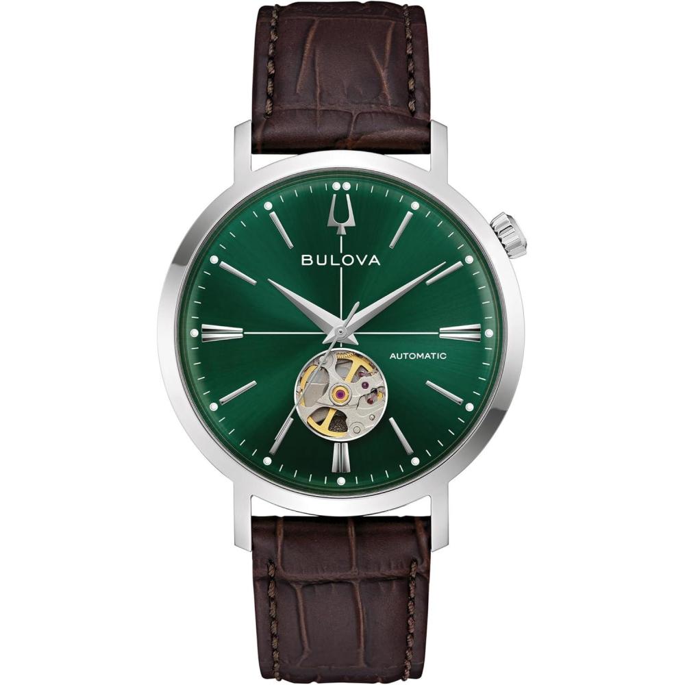 imageBulova Mens Classic Aerojet 3Hand Automatic Leather Strap Watch Open Aperture 40Hour Power Reserve Double Curved Mineral Crystal 41mmBrown StrapGreen Dial