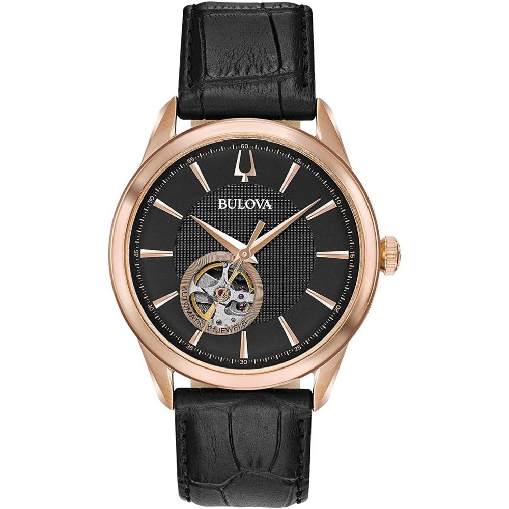 imageBulova Mens Classic Automatic Watch with Leather Strap Open Aperture Dial Hack Feature 41mmBlack StrapRose Gold