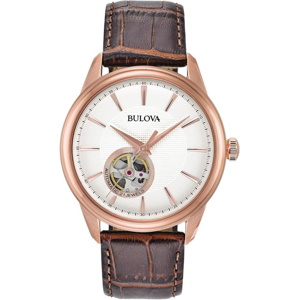 imageBulova Mens Classic Automatic Watch with Leather Strap Open Aperture Dial Hack Feature 41mmBrown Strap Rose Gold