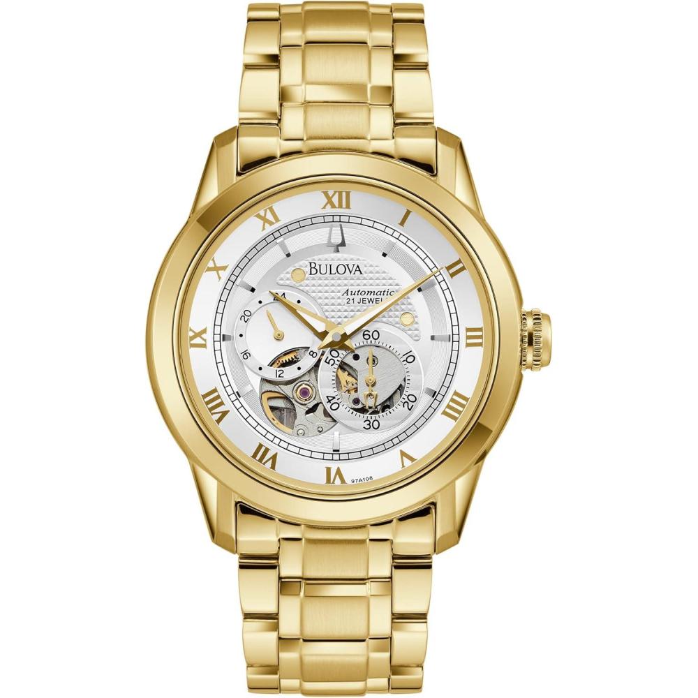imageBulova Mens Classic Sutton 4Hand Automatic Watch 24Hour Sub Dial Open Aperture SelfWinding Exhibition Caseback Double Curved Mineral Crystal Luminous Hands 42mmGold Tone