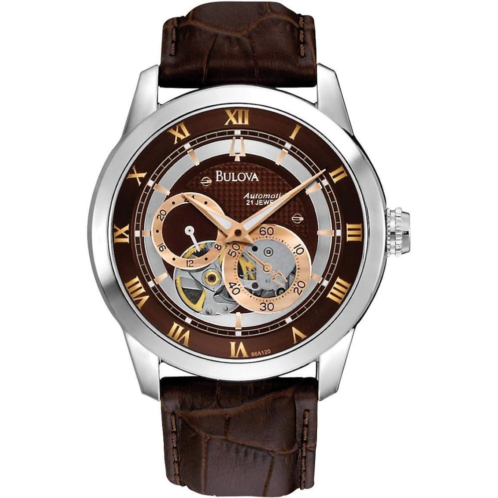 imageBulova Mens Classic Sutton 4Hand Automatic Watch 24Hour Sub Dial Open Aperture SelfWinding Exhibition Caseback Double Curved Mineral Crystal Luminous Hands 42mmBrown StrapBrown Dial