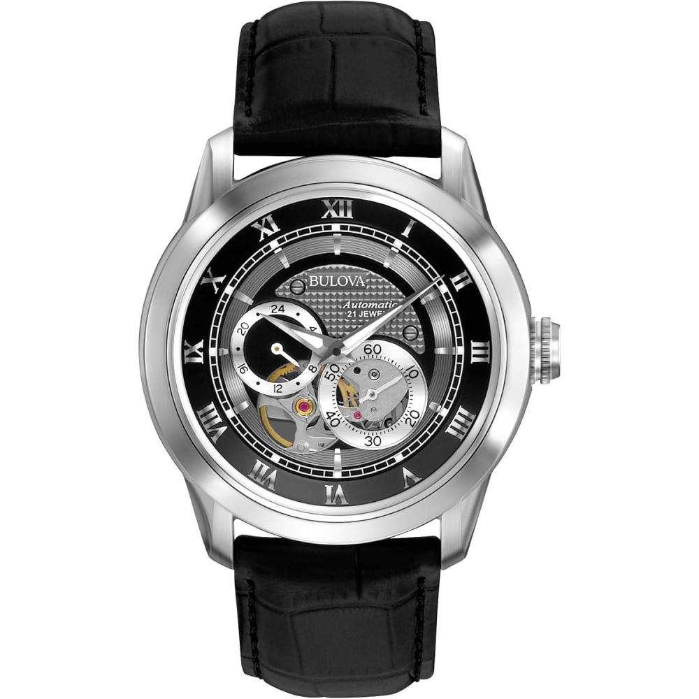 imageBulova Mens Classic Sutton 4Hand Automatic Watch 24Hour Sub Dial Open Aperture SelfWinding Exhibition Caseback Double Curved Mineral Crystal Luminous Hands 42mmBlack StrapBlack Dial