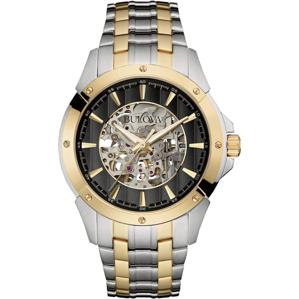imageBulova Mens Classic TwoTone Stainless Steel 3Hand Automatic Watch Skeleton Dial 43mm Style 98A146