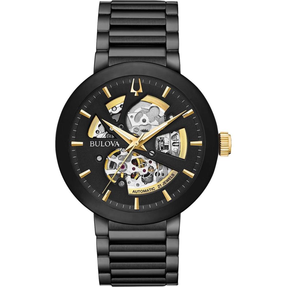 imageBulova Mens Modern 3Hand Automatic Watch Open Aperture Dial and Edge to Edge CrystalBlack IonPlatedGold Tone Accents