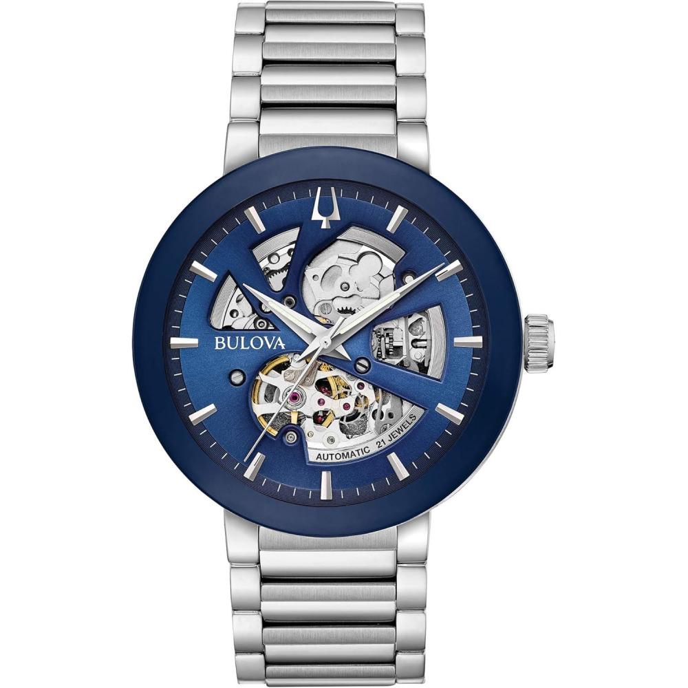 imageBulova Mens Modern 3Hand Automatic Watch Open Aperture Dial and Edge to Edge CrystalStainlessBlue Dial