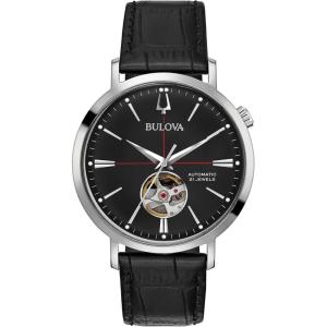 Bulova Men’s Classic Aerojet 3-Hand Automatic Leather Strap Watch, Open Aperture, 40-Hour Power Reserve, Double Curved Mineral Crystal, 41mm(Black Strap/Black Dial)