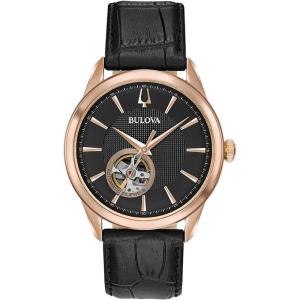 Bulova Men’s Classic Automatic Watch with Leather Strap, Open Aperture Dial, Hack Feature, 41mm(Black Strap/Rose Gold)