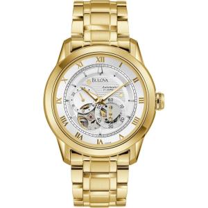 Bulova Men’s Classic Sutton 4-Hand Automatic Watch, 24-Hour Sub Dial, Open Aperture, Self-Winding, Exhibition Caseback, Double Curved Mineral Crystal, Luminous Hands, 42mm(Gold Tone)