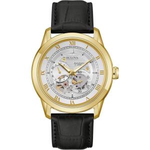 Bulova Men’s Classic Sutton 4-Hand Automatic Watch, 24-Hour Sub Dial, Open Aperture, Self-Winding, Exhibition Caseback, Double Curved Mineral Crystal, Luminous Hands, 42mm(Gold)