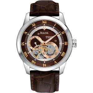 Bulova Men’s Classic Sutton 4-Hand Automatic Watch, 24-Hour Sub Dial, Open Aperture, Self-Winding, Exhibition Caseback, Double Curved Mineral Crystal, Luminous Hands, 42mm(Brown Strap/Brown Dial)