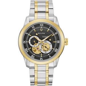 Bulova Men’s Classic Sutton 4-Hand Automatic Watch, 24-Hour Sub Dial, Open Aperture, Self-Winding, Exhibition Caseback, Double Curved Mineral Crystal, Luminous Hands, 42mm(Two-Tone Gold/Black Dial)