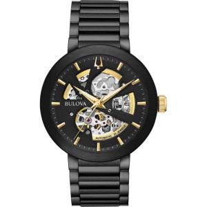 Bulova Men’s Modern 3-Hand Automatic Watch, Open Aperture Dial and Edge to Edge Crystal(Black Ion-Plated/Gold Tone Accents)