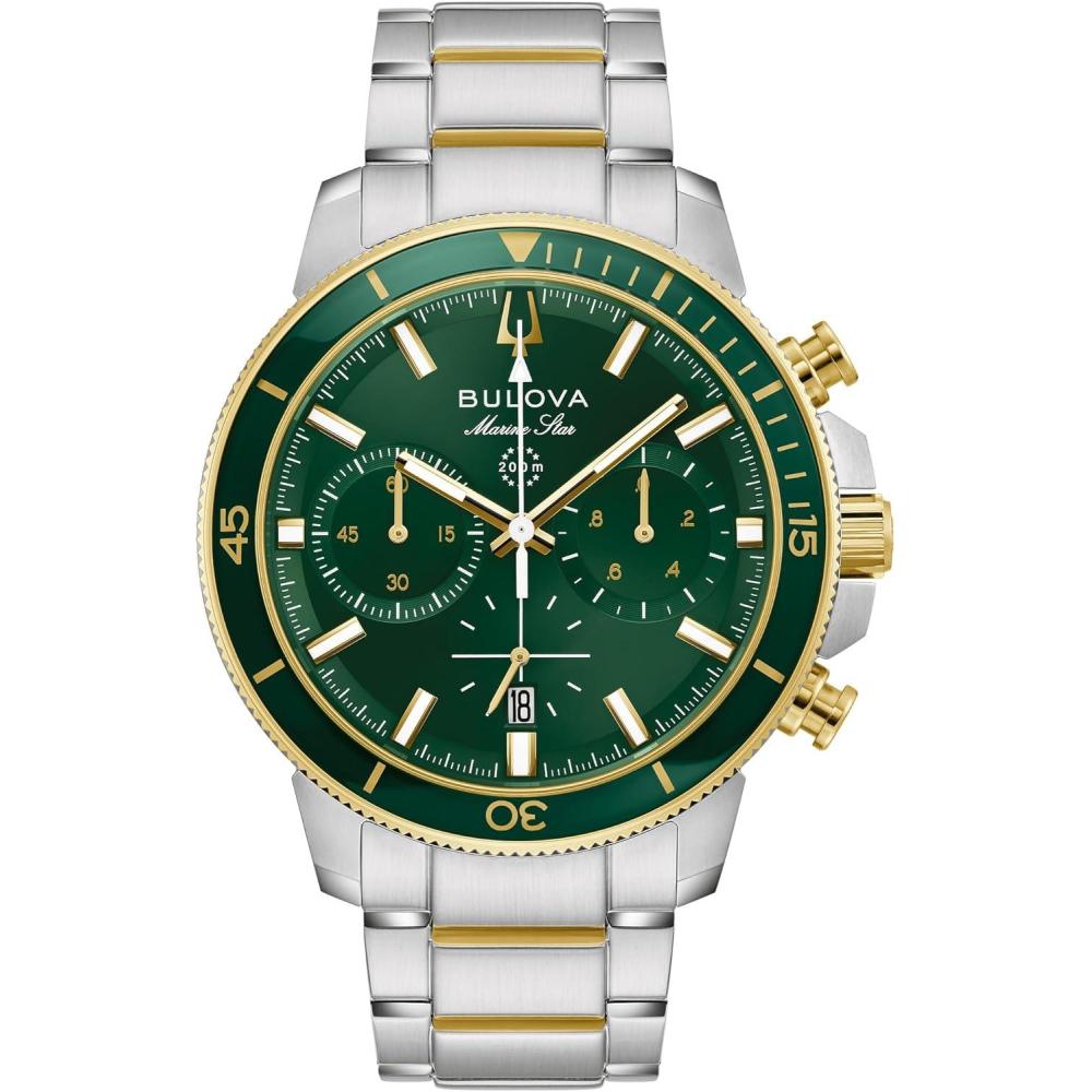 imageBulova Mens Quartz Marine Star Series C Chornograph Watch TwoTone Stainless Steel Case amp Green Dial Style 98B469