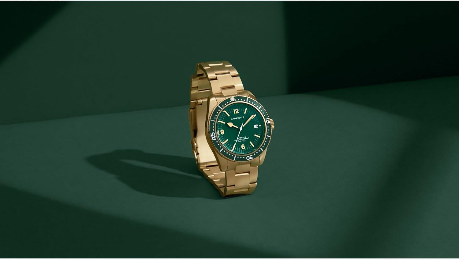 imageCaravelle by Bulova Mens Automatic Watch Vintage Sea HunterGoldTone Bracelet Green Dial