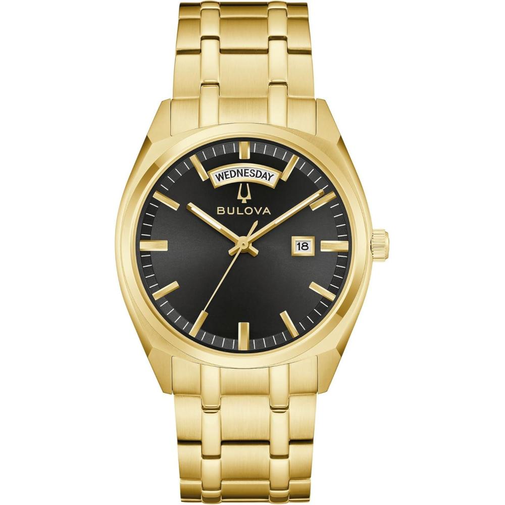 imageBulova Mens Classic Dress Surveyor 2Hand DayDate Quartz Watch Luminous Hands 39mmGold ToneBlack Dial