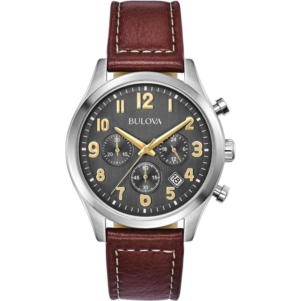 imageBulova Mens Classic Stainless Steel 6Hand Chronograph Quartz Leather Strap Watch with Grey Dial Gold Accents Arabic Markers 41mmBrown Strap