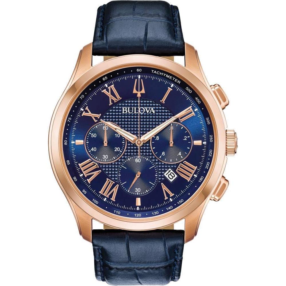 imageBulova Mens Classic Wilton 3Hand Chronograph Watch Luminous Hands Roman Numeral Markers Domed Mineral Crystal 43mm Blue Strap Rose Gold