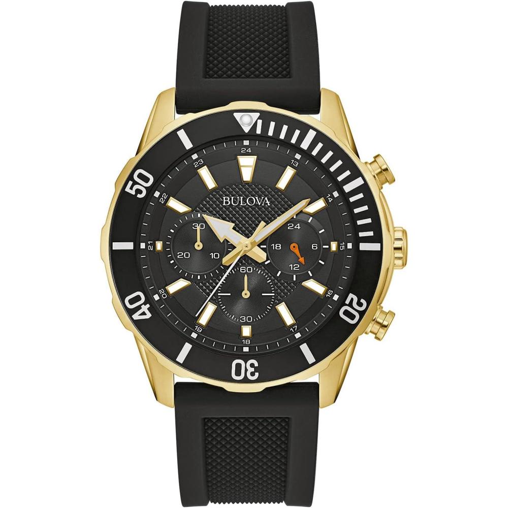 imageBulova Mens Sport 6Hand Chronograph Quartz Watch with Black Silicone Strap 24 Hour Time Calendar Date Luminous Hands and Markers 100M Water Resistant 44mmBlackGold Tone