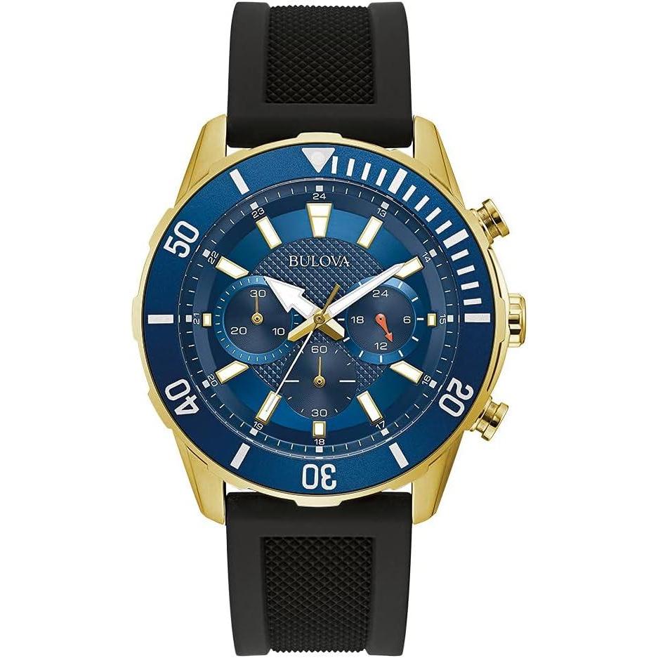 imageBulova Mens Sport 6Hand Chronograph Quartz Watch with Black Silicone Strap 24 Hour Time Calendar Date Luminous Hands and Markers 100M Water Resistant 44mmBlack Gold ToneBlue Dial