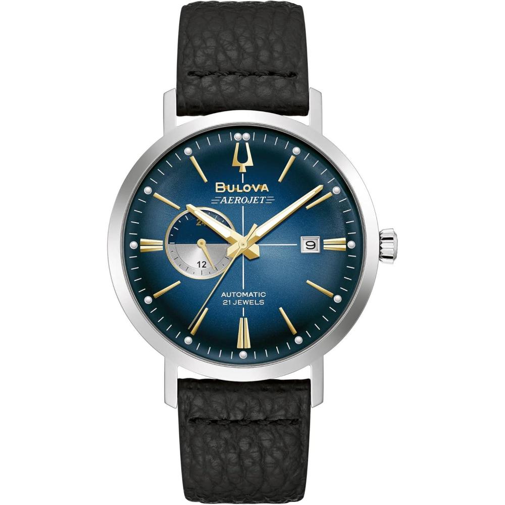 imageBulova Mens Vintage Aerojet 4Hand Automatic Watch Open Aperture Hack Feature 24 Hour Time Calendar Date Double Curved Mineral Crystal Luminous Hands 41mmBlack StrapBlue Dial
