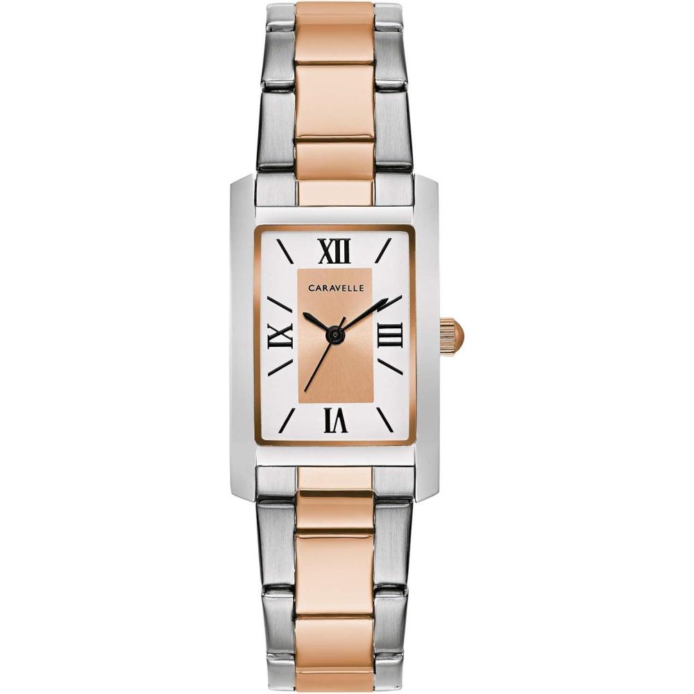 imageCaravelle by Bulova Ladies Dress 3Hand Quartz Watch Rectangle Case Roman Numeral Curved MineralTwo Tone Rose Gold
