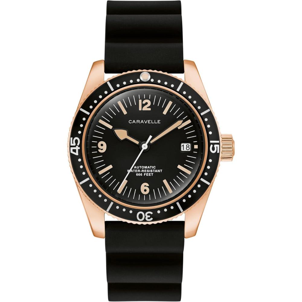 imageCaravelle by Bulova Mens Automatic Watch Vintage Sea HunterBlack Rubber Strap Black Dial