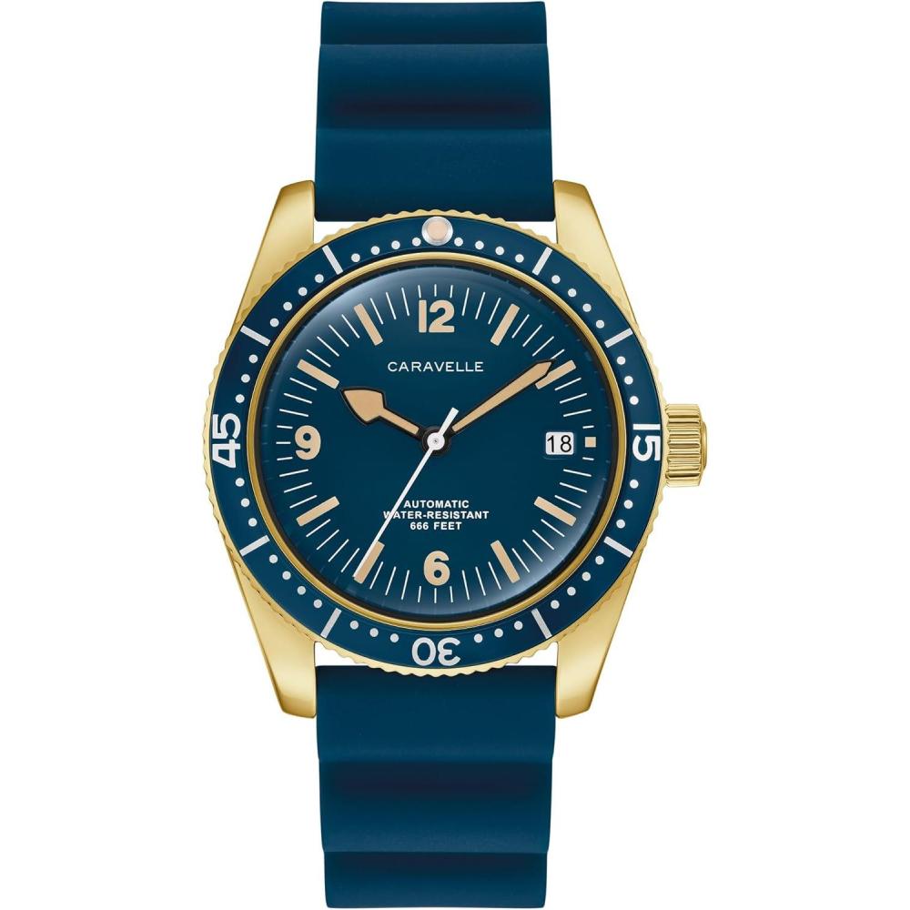 imageCaravelle by Bulova Mens Automatic Watch Vintage Sea HunterBlue Rubber Strap Blue Dial