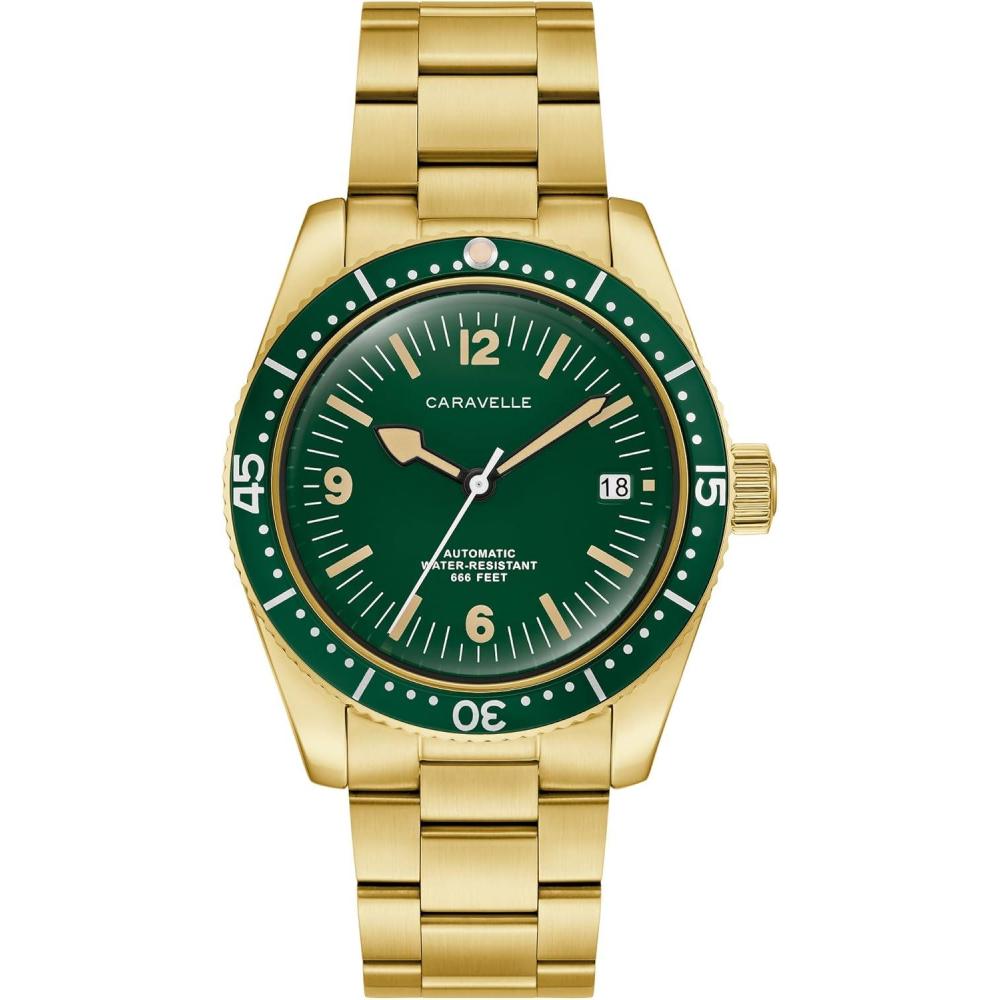 imageCaravelle by Bulova Mens Automatic Watch Vintage Sea HunterGoldTone Bracelet Green Dial