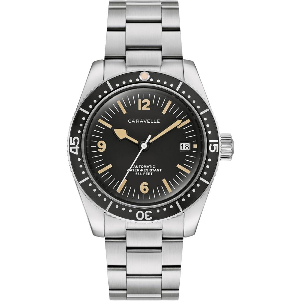 imageCaravelle by Bulova Mens Automatic Watch Vintage Sea HunterSilverTone Bracelet Black Dial