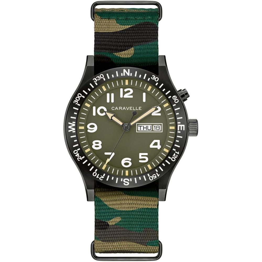 imageCaravelle by Bulova Mens Quartz Watch Vintage Light Up Camouflage Nylon Strap Green Dial DayDate Style 45C121