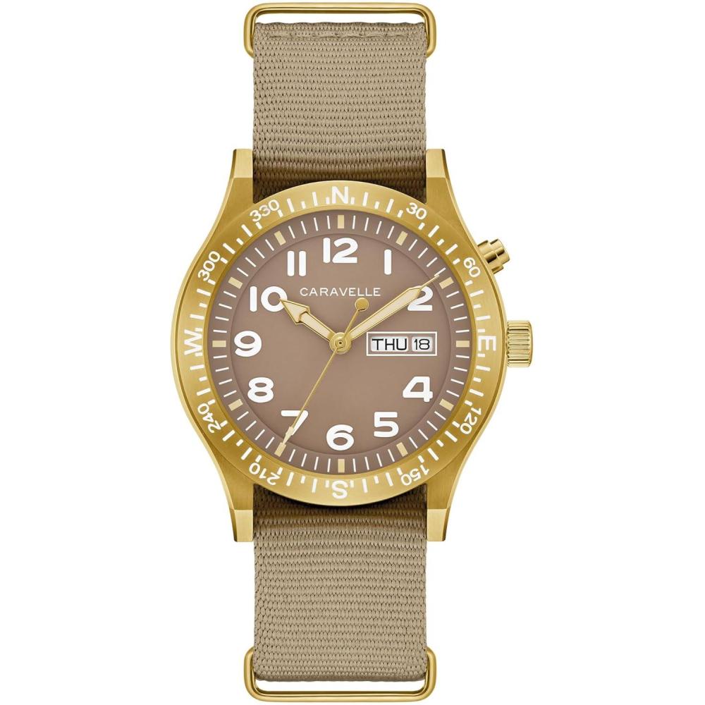 imageCaravelle by Bulova Mens Quartz Watch Vintage Lite Up Taupe Nylon Strap Taupe Dial DayDate Style 44C113