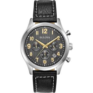 Bulova Men’s Classic Stainless Steel 6-Hand Chronograph Quartz Leather Strap Watch with Grey Dial, Gold Accents, Arabic Markers, 41mm(Black Strap)