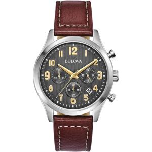 Bulova Men’s Classic Stainless Steel 6-Hand Chronograph Quartz Leather Strap Watch with Grey Dial, Gold Accents, Arabic Markers, 41mm(Brown Strap)