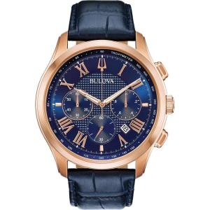 Bulova Men’s Classic Wilton 3-Hand Chronograph Watch, Luminous Hands, Roman Numeral Markers Domed Mineral Crystal, 43mm, Blue Strap/ Rose Gold