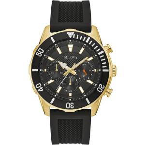 Bulova Men’s Sport 6-Hand Chronograph Quartz Watch with Black Silicone Strap, 24 Hour Time, Calendar Date, Luminous Hands and Markers, 100M Water Resistant, 44mm(Black/Gold Tone)