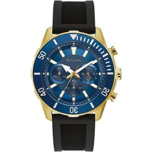 Bulova Men’s Sport 6-Hand Chronograph Quartz Watch with Black Silicone Strap, 24 Hour Time, Calendar Date, Luminous Hands and Markers, 100M Water Resistant, 44mm(Black/ Gold Tone/Blue Dial)
