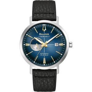Bulova Men’s Vintage Aerojet 4-Hand Automatic Watch, Open Aperture, Hack Feature, 24 Hour Time, Calendar Date, Double Curved Mineral Crystal, Luminous Hands, 41mm(Black Strap/Blue Dial)