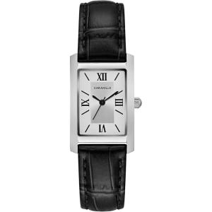 Caravelle by Bulova Ladies’ Dress 3-Hand Quartz Watch, Rectangle Case, Roman Numeral, Curved Mineral(Black Strap/Silver)