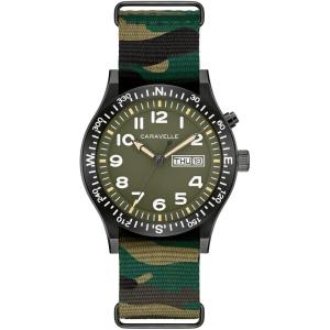 Caravelle by Bulova Men’s Quartz Watch, Vintage Light Up, Camouflage Nylon Strap, Green Dial, Day/Date Style: 45C121
