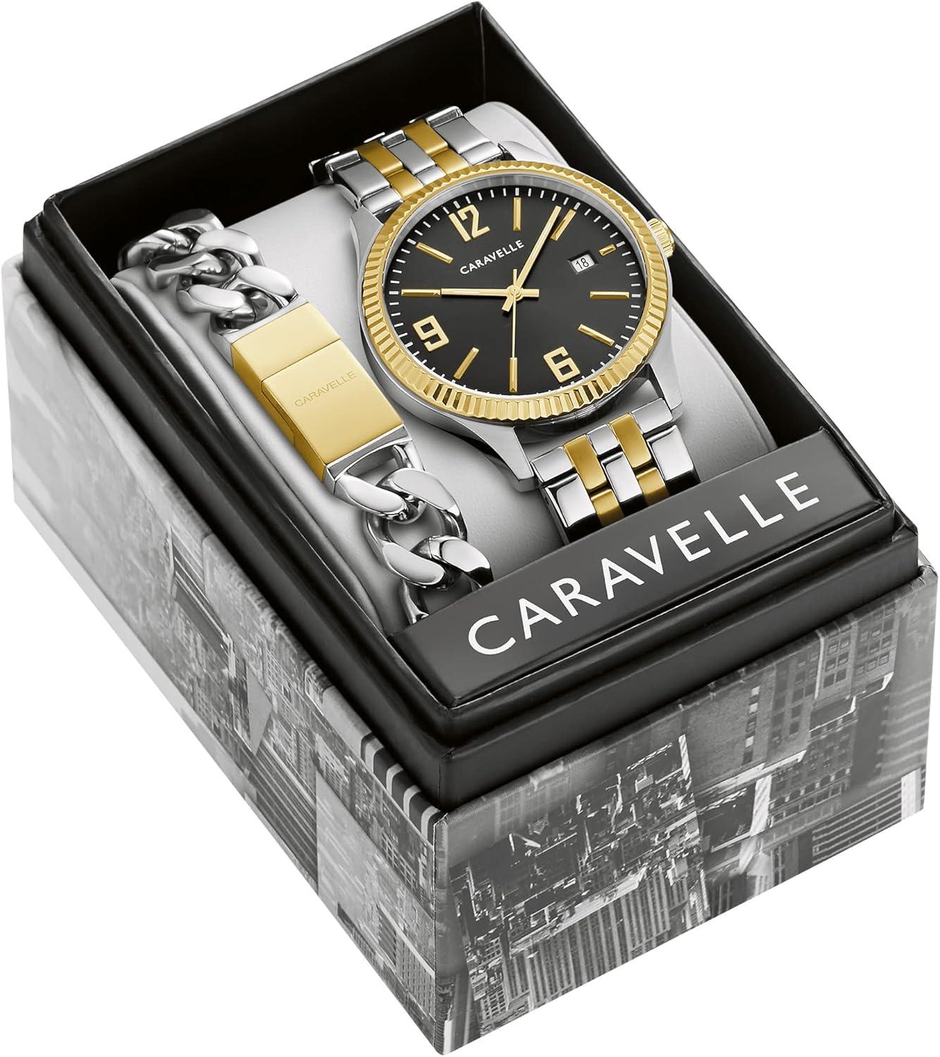 imageBulova Caravelle Mens Classic TwoTone Stainless Steel 3Hand Date Watch and Bracelet Box Set 41mm Style 45K000