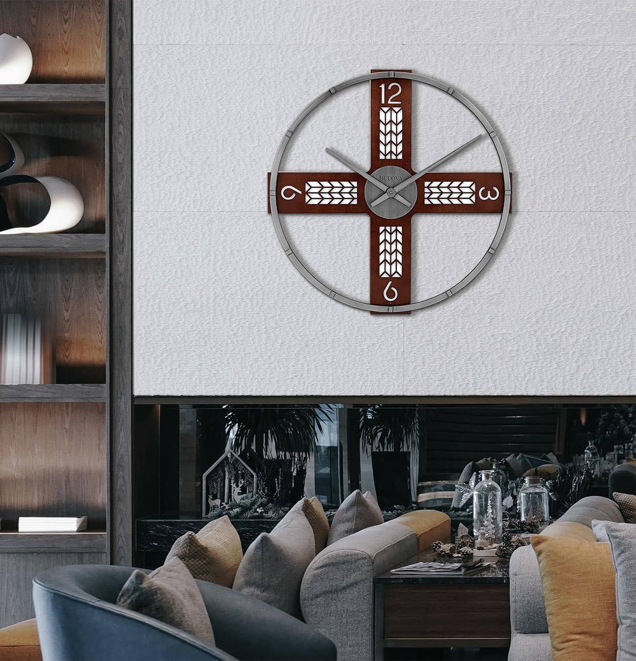 imageBulova Flagstaff Illuminated Wall Clock C4335 24 Walnut amp Pewter Frame with LED Backlight Quartz Movement Battery Operated Dimmer amp Timer Rustic Modern Design