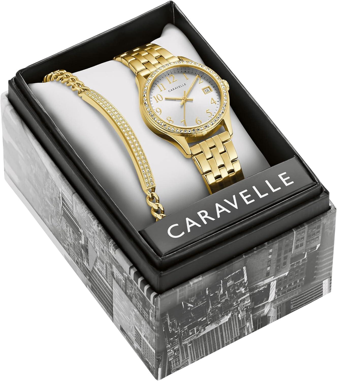 imageCaravelle by Bulova Ladies Crystal Watch and Bracelet Gift Set DayDateGold Tone