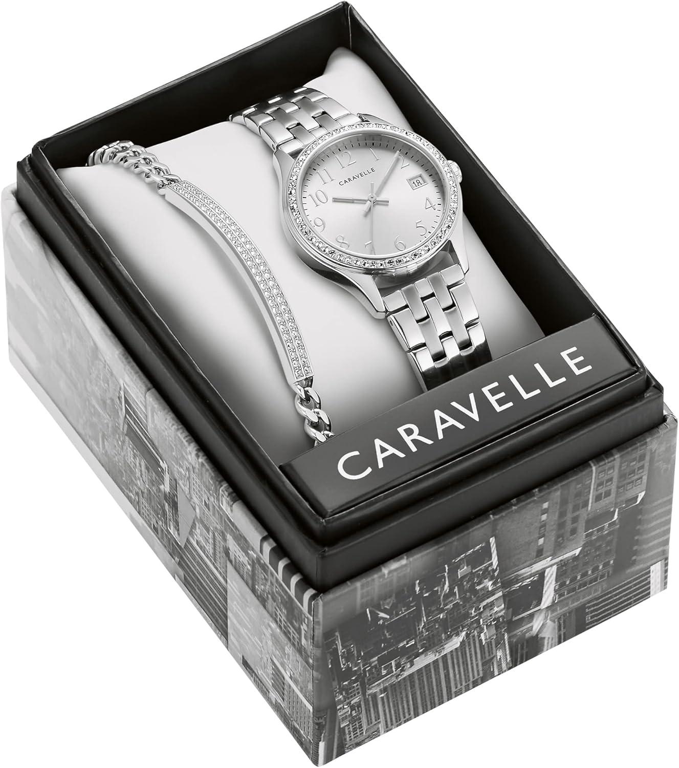 imageCaravelle by Bulova Ladies Crystal Watch and Bracelet Gift Set DayDateSilver