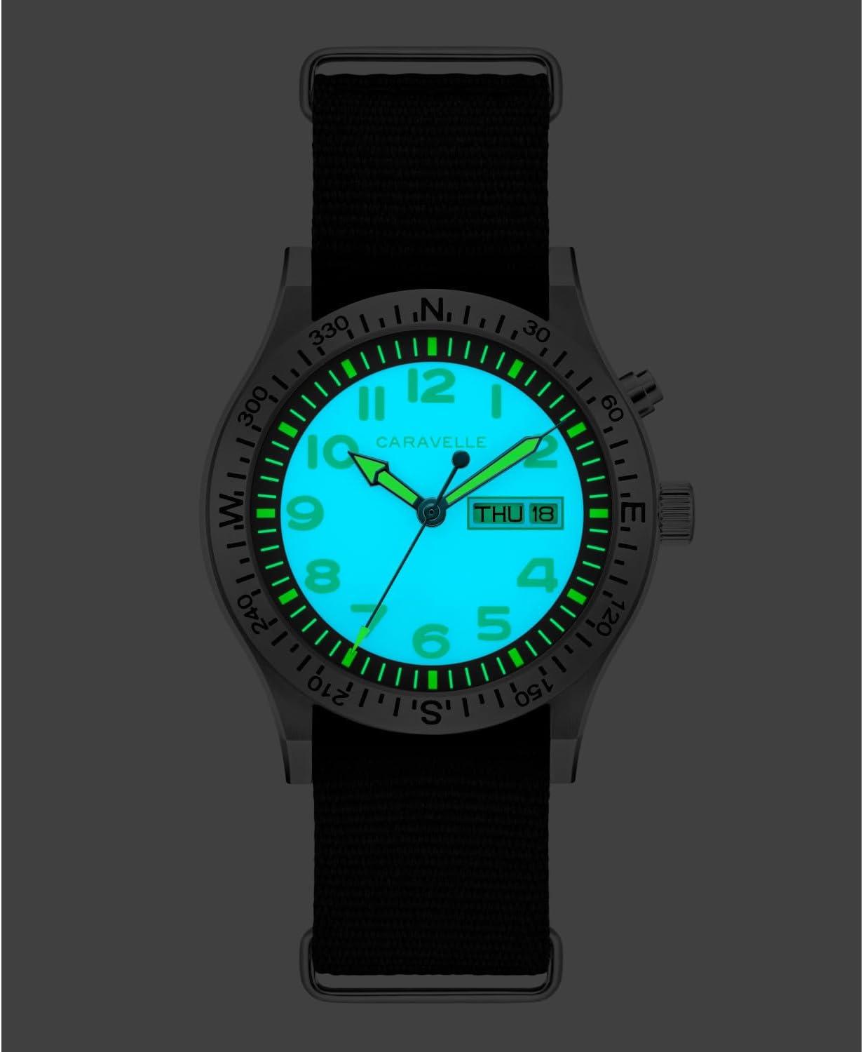 imageCaravelle by Bulova Mens Quartz Watch Vintage Lite Up Black Nylon Strap Black Dial DayDate Style 43C125