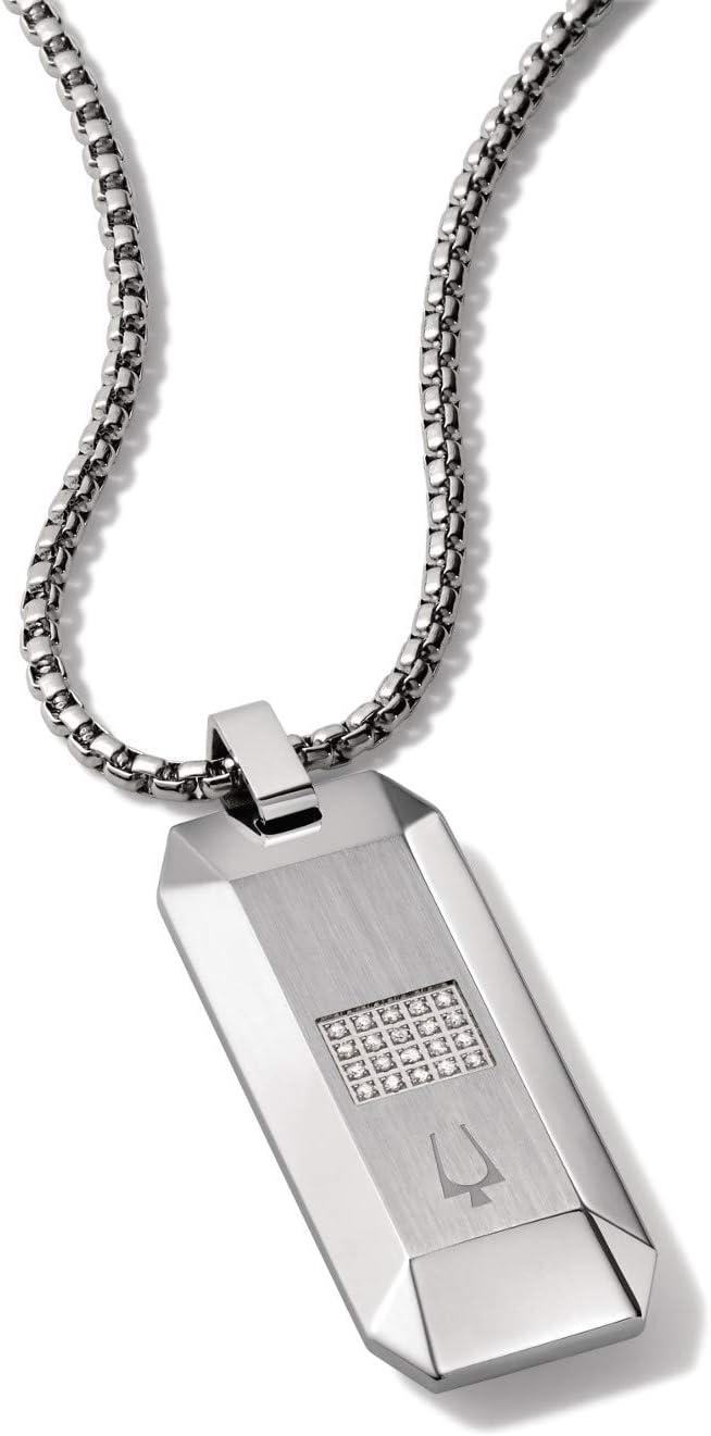 imageMens Precisionist Round Box Link Chain Necklace with Dog Tag Pendant StyleStainless White Diamonds